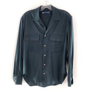 RALP LAUREN Blue Label Green Wool Blend Button Up Blouse Shirt Pockets